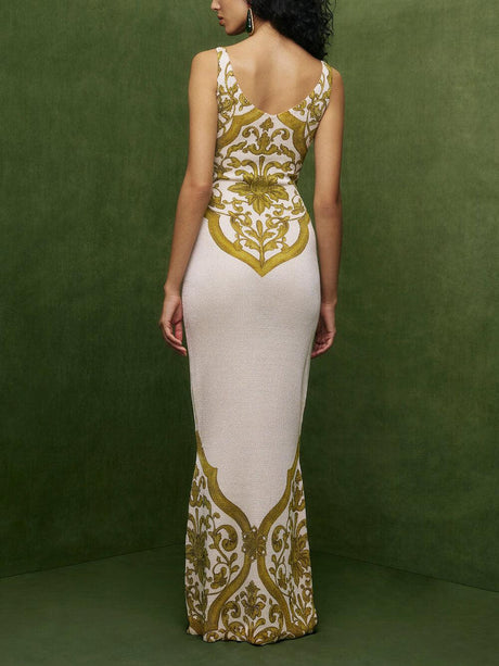 Aurohaya Extraordinary Elegance Symmetrical Unique Print Stretch Fishtail Maxi Dress