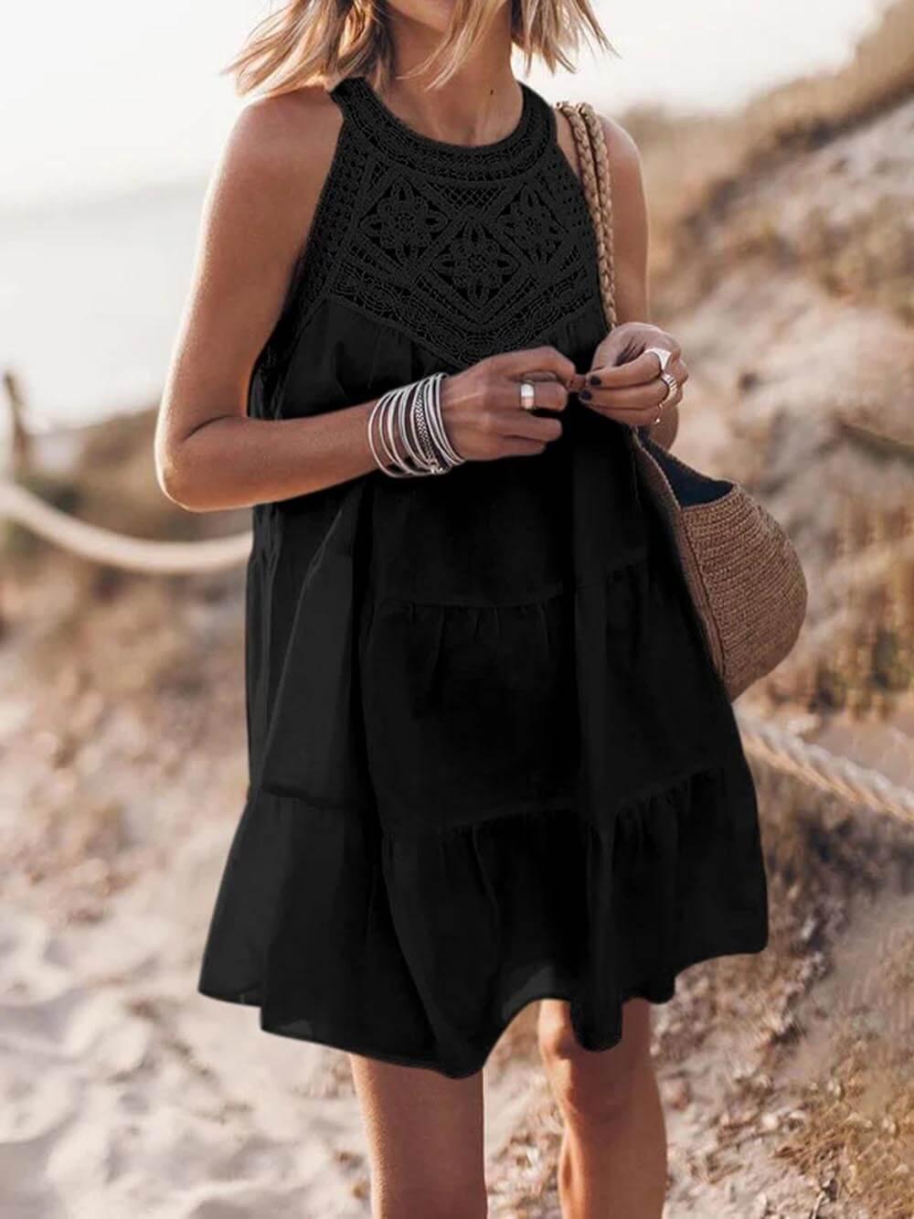 Aurohaya Hollow Lace Patchwork Halterneck A-Line Mini Dress Black