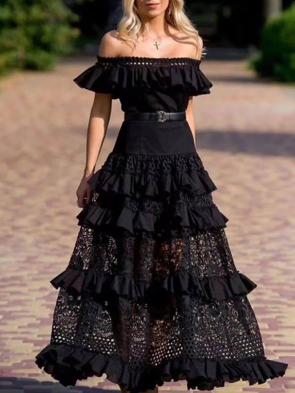 Aurohaya One-Shoulder Ruffled Hollow Swing Lace Patchwork Long Dress Black