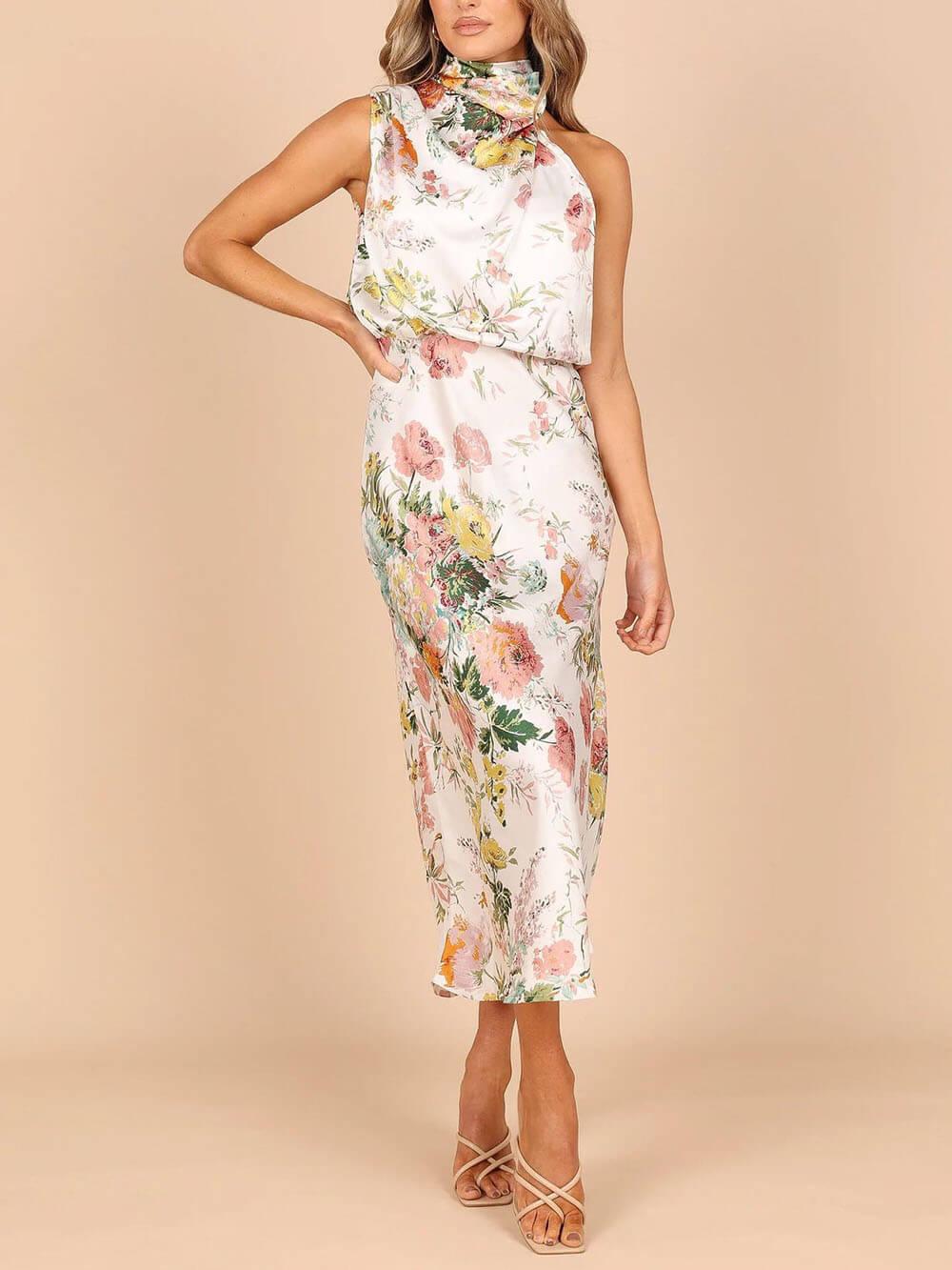 Aurohaya Floral Halter Neck Elastic Waist Maxi Dress