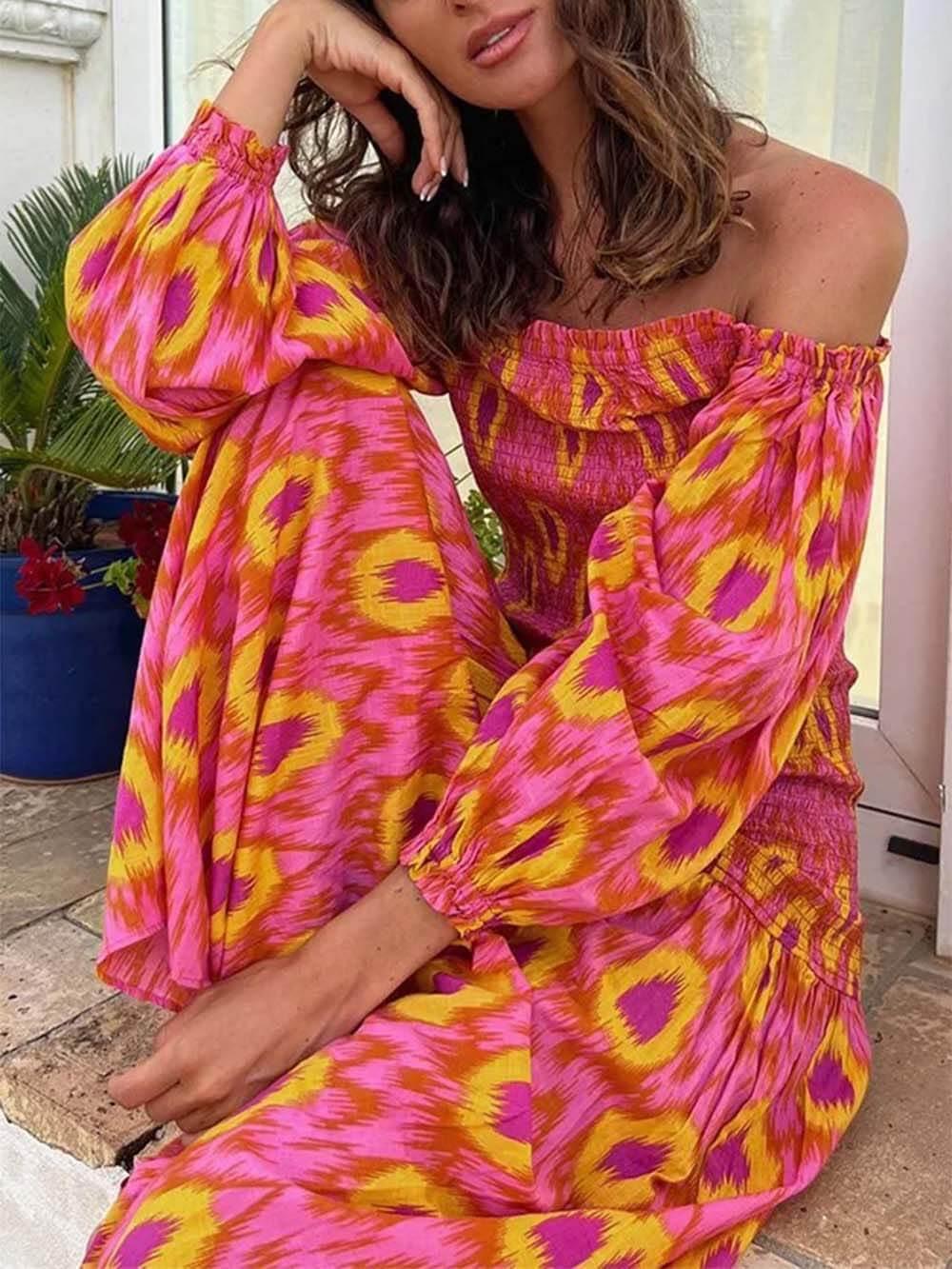 Aurohaya Unique Printed Off Shoulder Balloon Sleeve Smocked Midi Dress