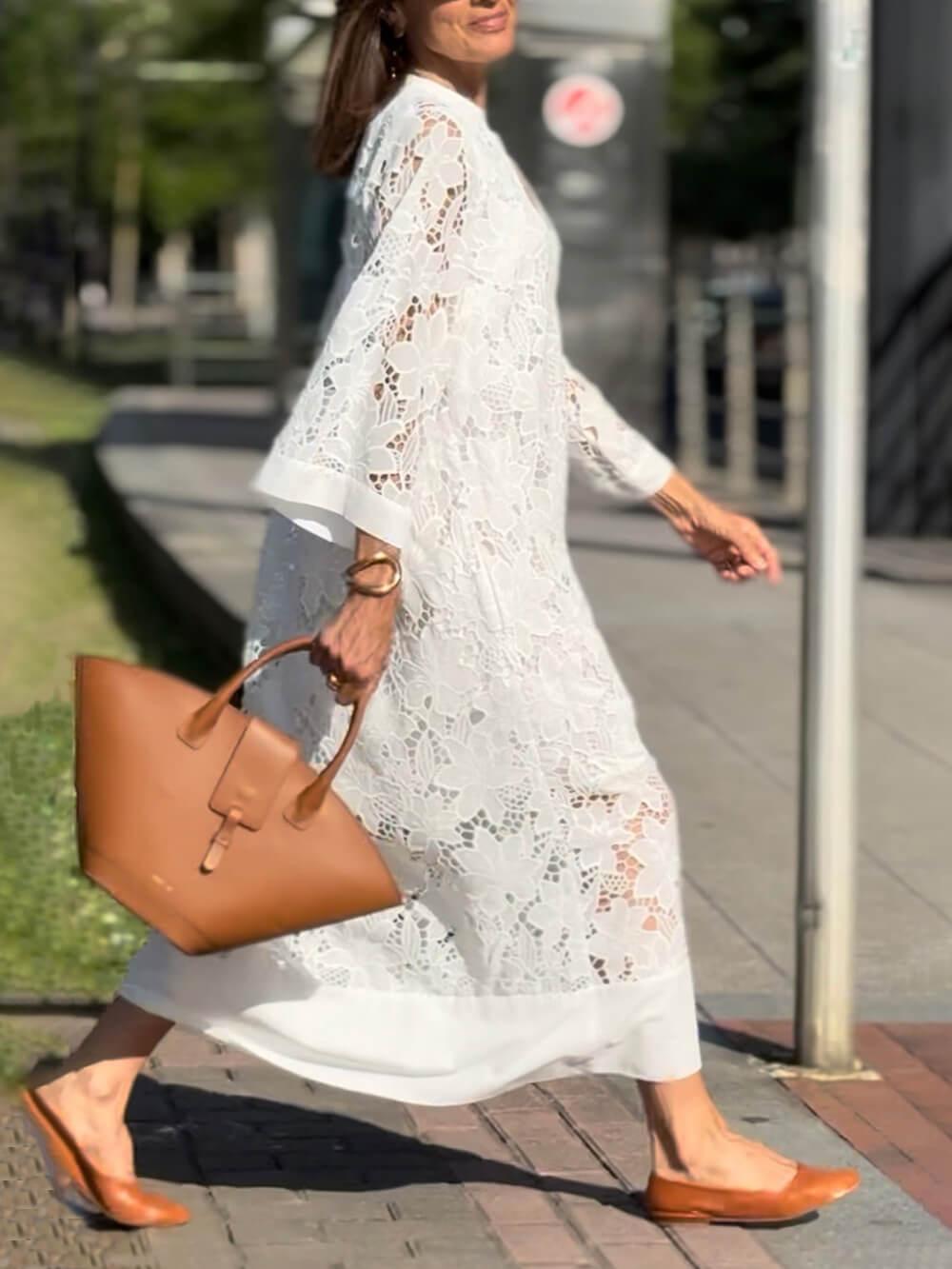 Aurohaya Flower Lace V-Neck Bell Sleeve Loose Midi Dress