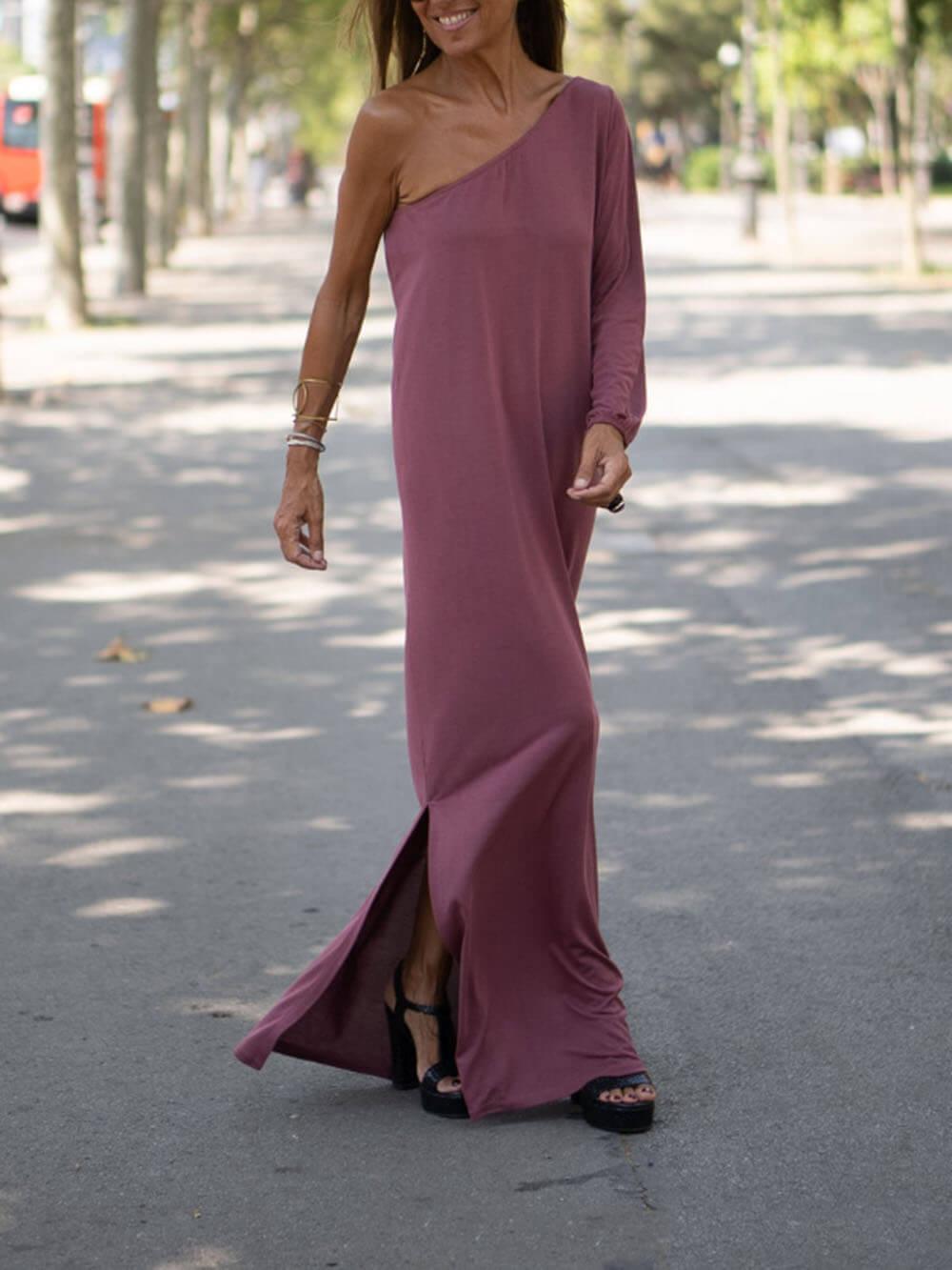 Aurohaya Side One Shoulder Statement Maxi Dress Pink