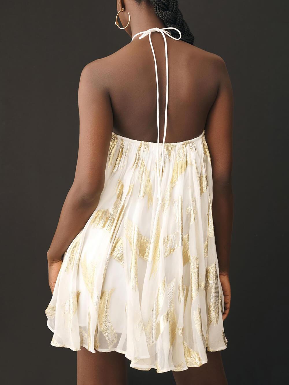 Aurohaya Sequins Hanging Neck Halter Print Swing Mini Dress