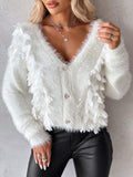 Floral Pattern Beaded Fuzzy Knit Cardigan Sweaters