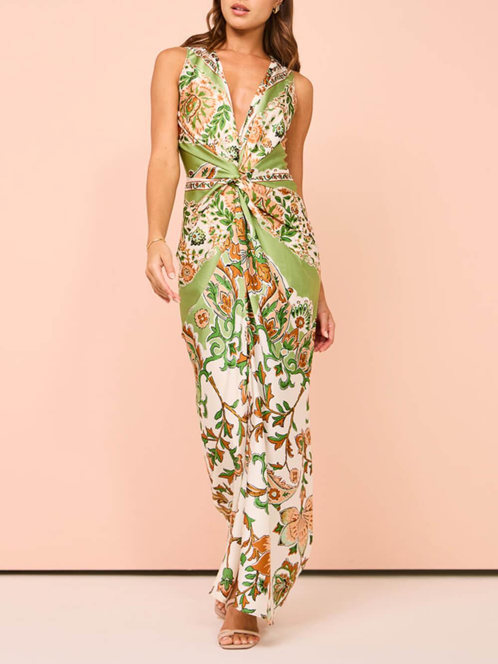 Aurohaya Unique Paisley Print Central Twist Knot Detail Slit Maxi Dress Green