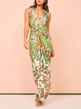 Aurohaya Unique Paisley Print Central Twist Knot Detail Slit Maxi Dress Green
