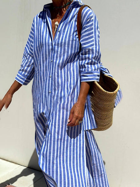 Aurohaya Splendor Stripes Printed Button Half Sleeve Belt Shirt Midi Dress