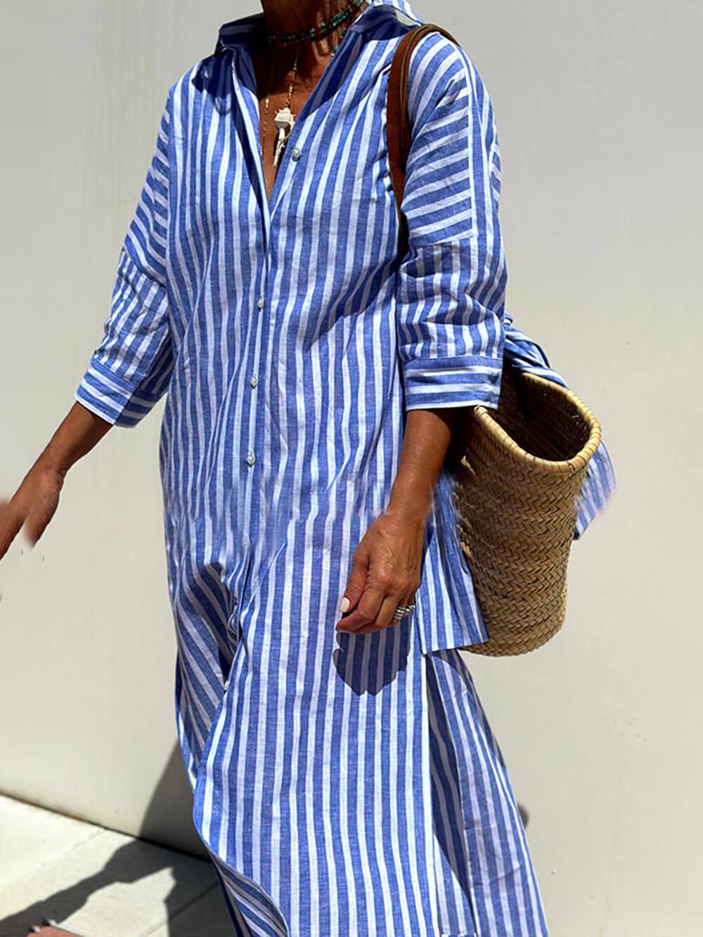 Aurohaya Splendor Stripes Printed Button Half Sleeve Belt Shirt Midi Dress