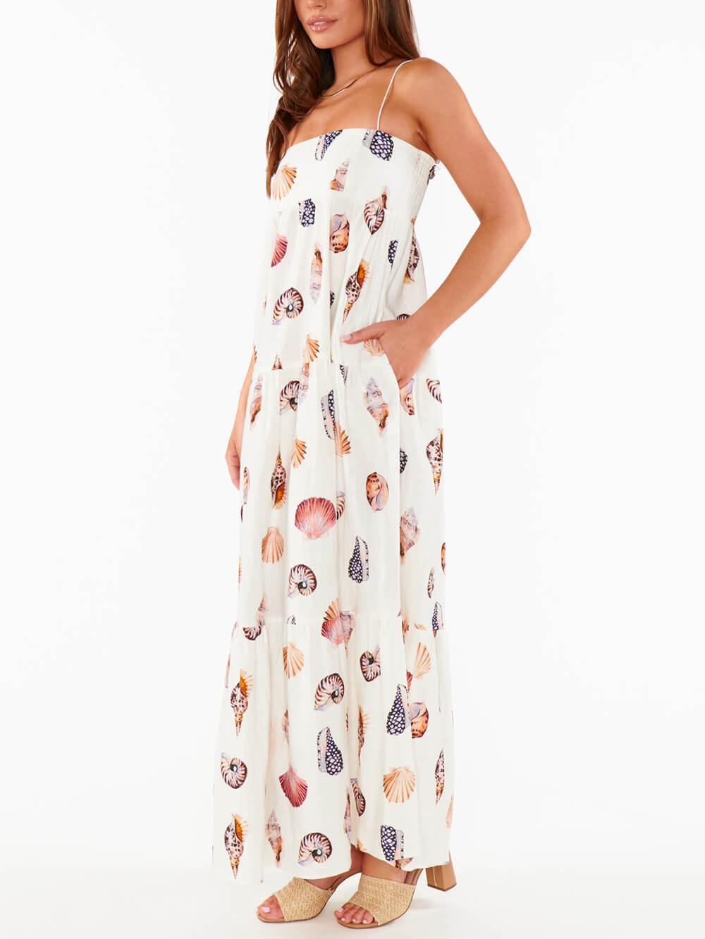 Aurohaya Unique Shell Conch Print Pleated Pockets Lightweight Maxi Dress