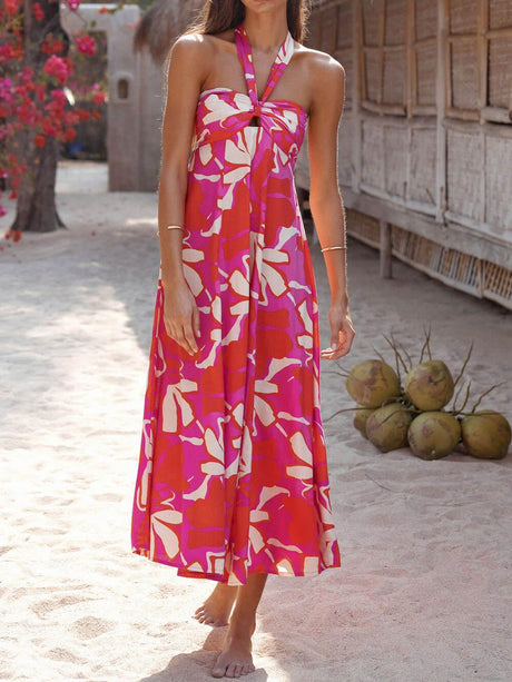 Aurohaya Halterneck Print Berry Lotus Midi dress