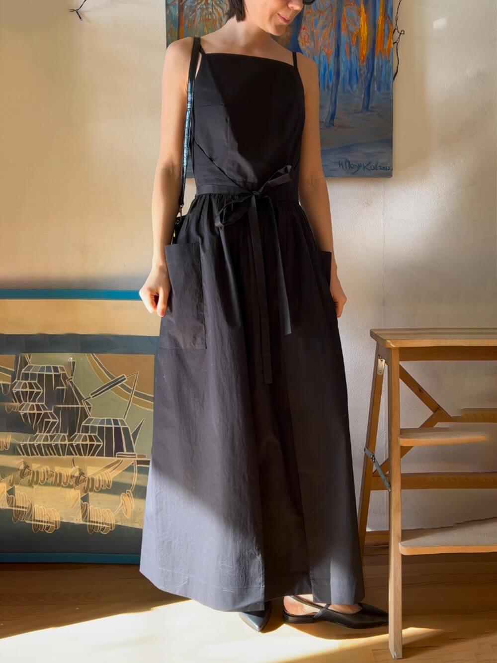 Aurohaya Unique Side Slit Lace-Up Pocket Vest Dress Black