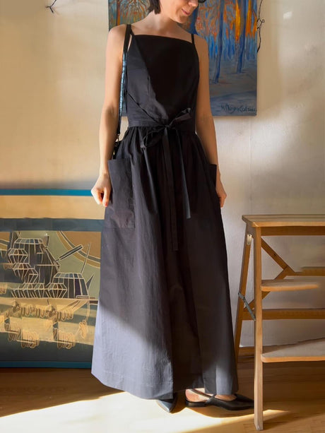 Aurohaya Unique Side Slit Lace-Up Pocket Vest Dress Black