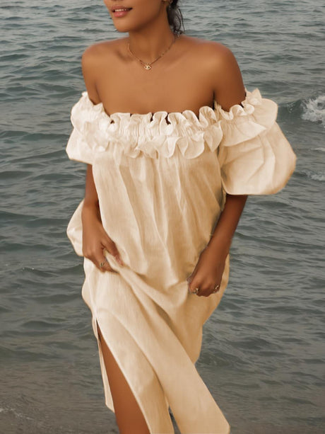 Aurohaya Off Shoulder Ruffle Puff Sleeve Pocketed Midi Dress White