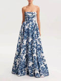 Aurohaya Elegant Strapless Printed String Maxi Dress Blue