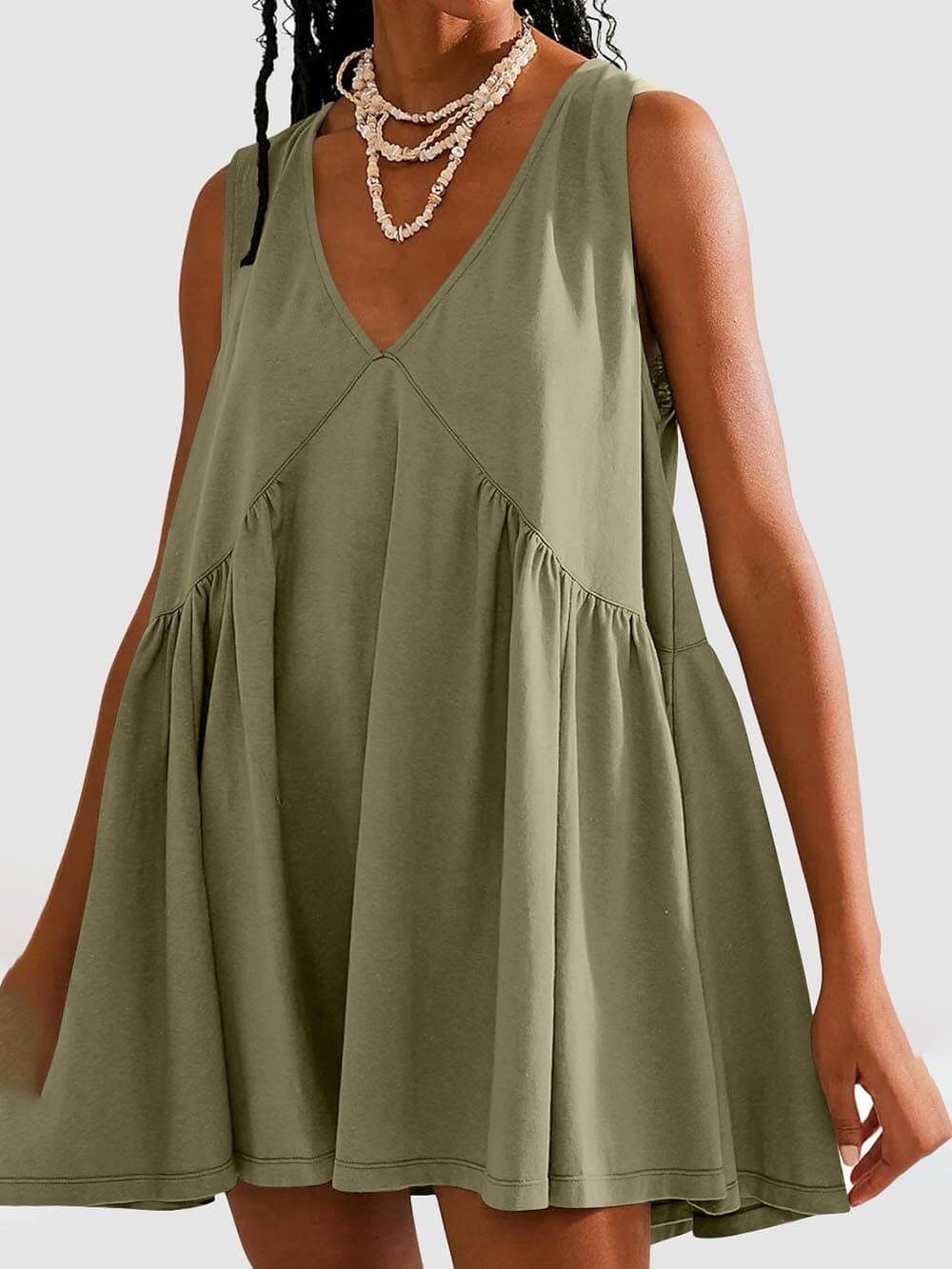 Aurohaya Deep V Wide Strap Mini Tank Dress Gray Green
