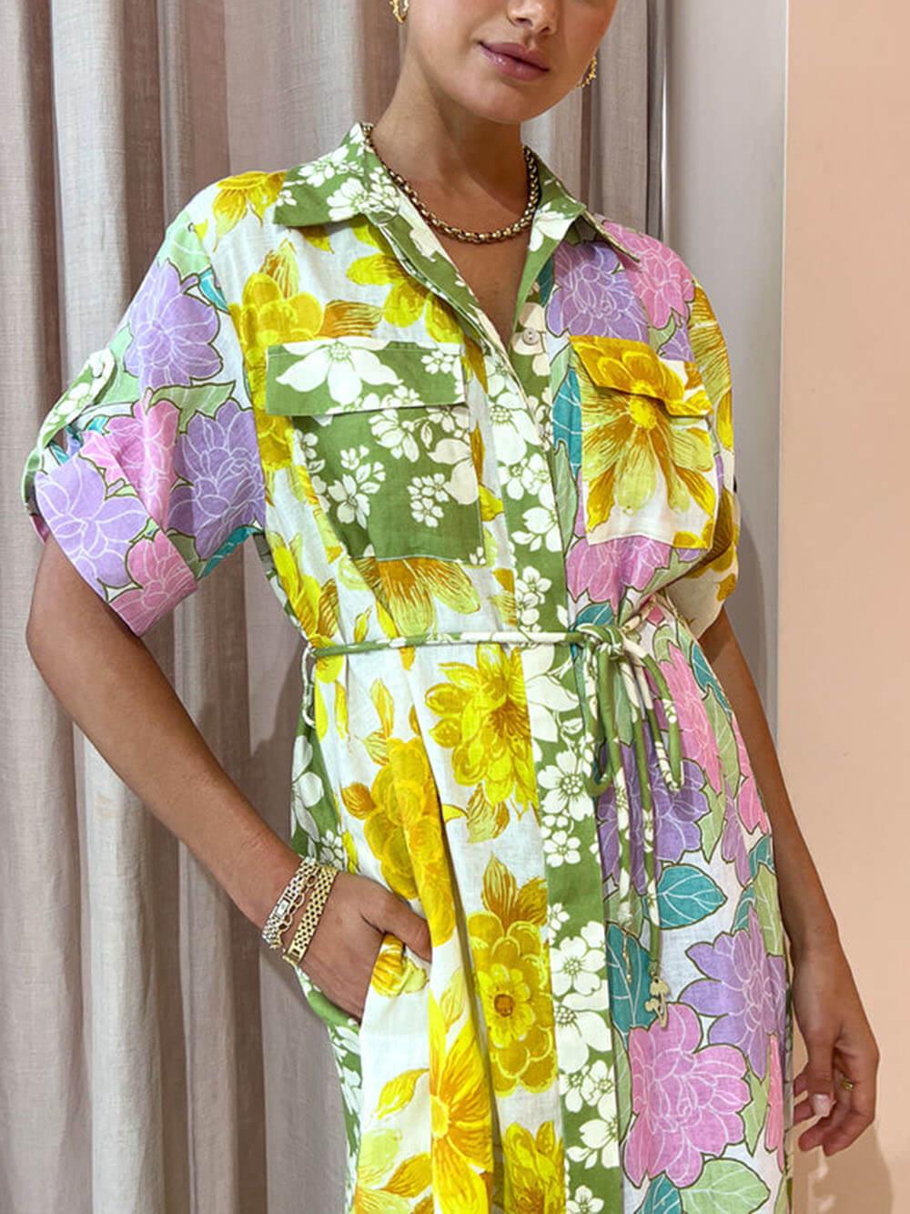 Aurohaya Multicolor Paneled Shirt-Style Midi Dress