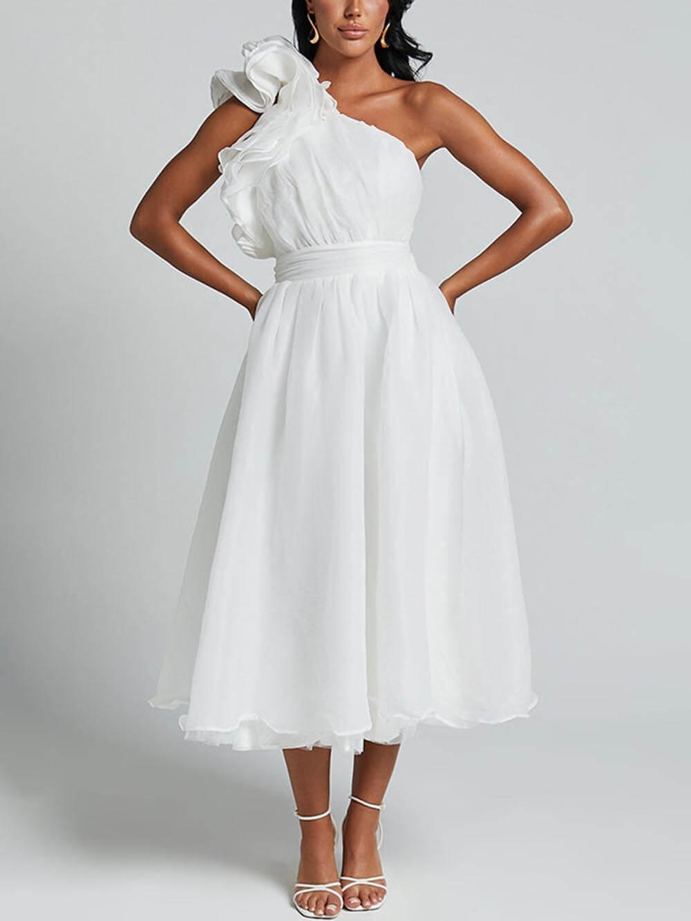 Aurohaya Unique Romantic Seaside One Shoulder Frill Detail Sleeve Layered Midi Dress