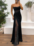 Aurohaya Delicate Satin Paneled Mesh Sequin Fabric Off Shoulder Ruched Drape Maxi Dress