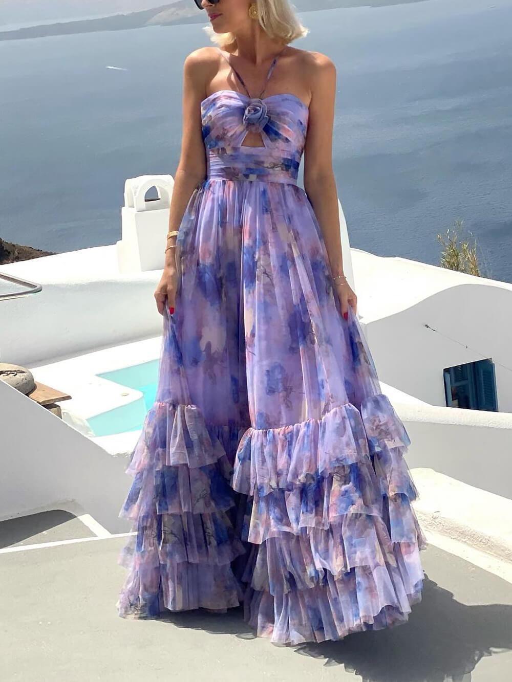 Aurohaya Elegant Floral Print Chiffon Layered Halter Maxi Dress