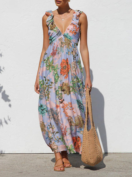 Aurohaya Beautifully Pleated Unique Floral Print Ruffle Sleeve Maxi Dress Multicolors