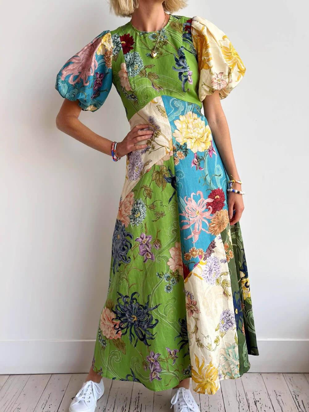 Aurohaya Casual Personalized Graffiti Print Lantern Sleeve Round Neck Linen Maxi Dress Multicolors
