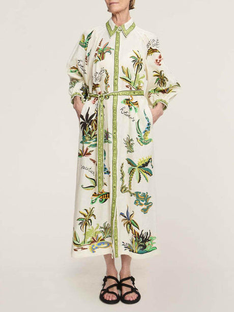 Aurohaya Unique Coconut Tree Print Day Dream Linen Shirtdress Multicolor