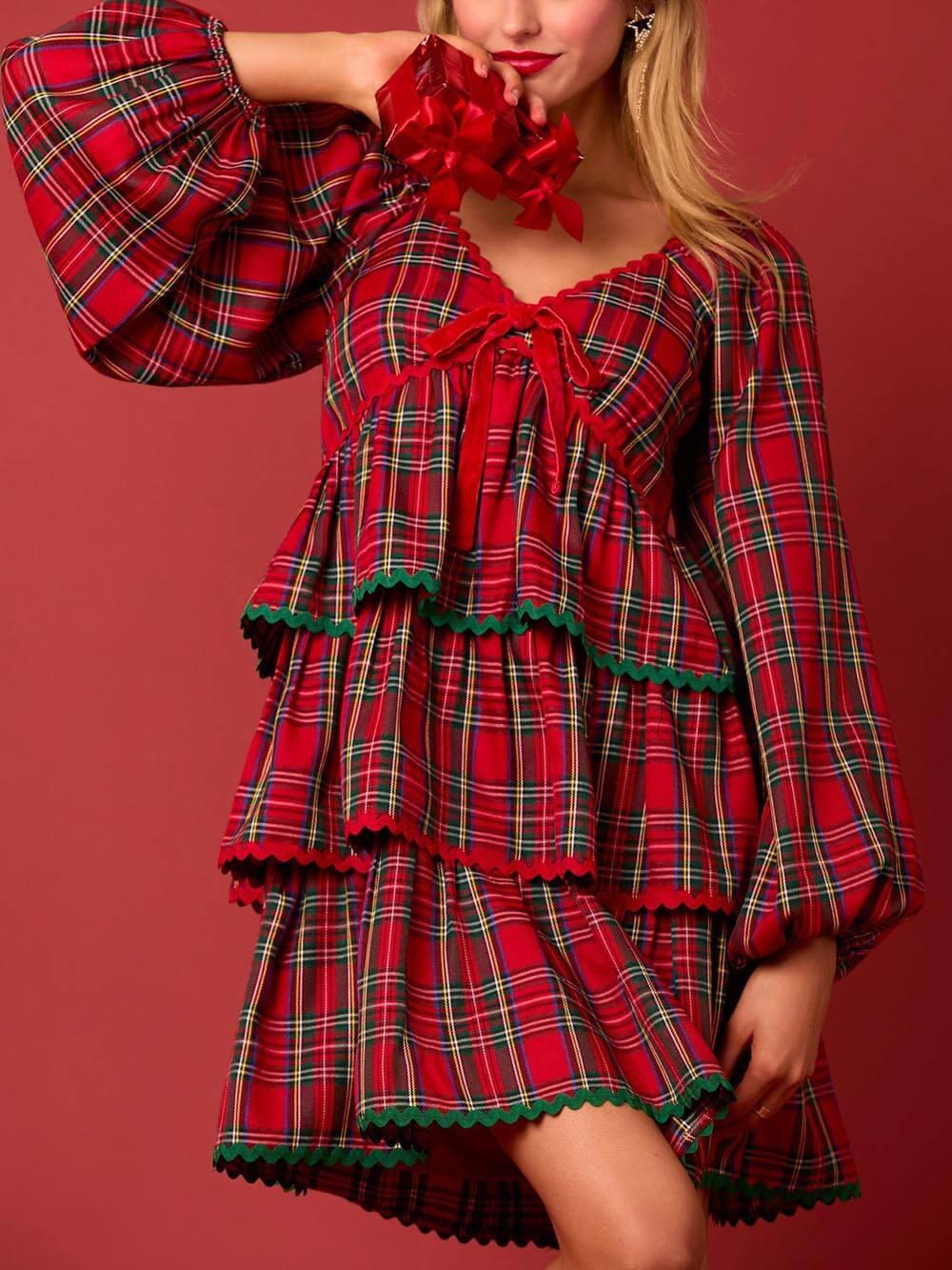 Aurohaya Christmas Plaid Long Sleeve Layered Dress Red