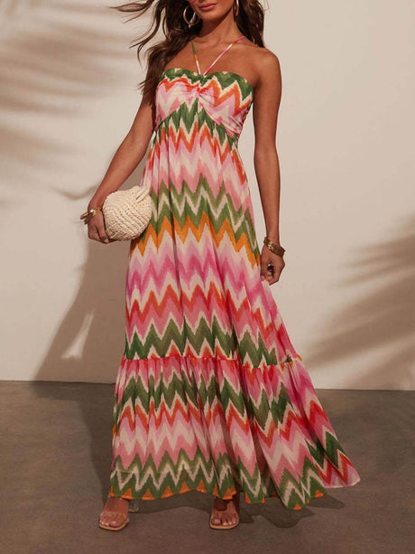 Aurohaya Unique Wave Print Suspender Maxi Dress