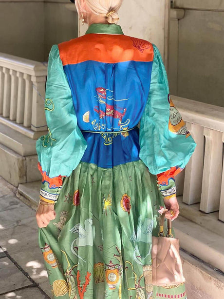 Aurohaya Unique Linen Ocean Animal Print Cardigan Belted Maxi Dress