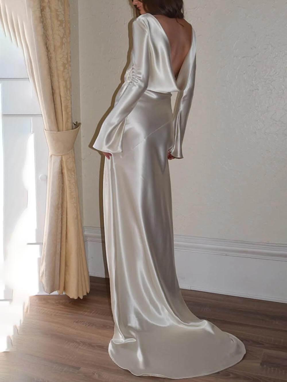 Aurohaya Elegant And Exquisite Satin Backless Round Neck Maxi Dress Ivory