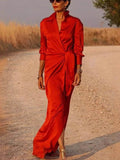 Aurohaya Modern Satin Wrap Shirt-Style Tie-Slit Maxi Dress Red