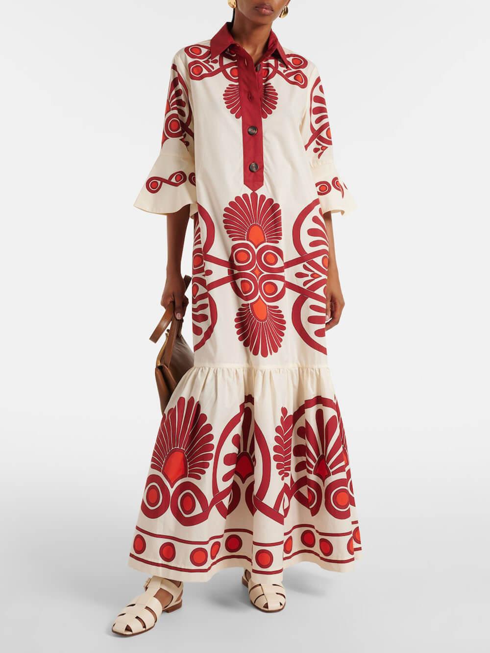 Aurohaya Classic Unique Ethnic Print Button Decoration Loose Maxi Dress Red