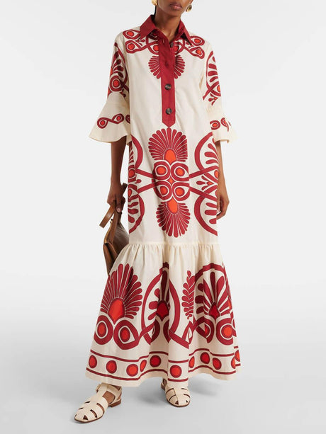 Aurohaya Classic Unique Ethnic Print Button Decoration Loose Maxi Dress Red