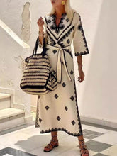 Aurohaya Bohemian Style Unique Print Belted Midi Dress Off-White