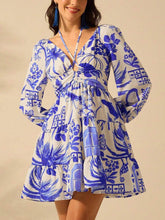 Fashionable And Versatile Flower Bouquet Print Lantern Sleeve Tie Dress