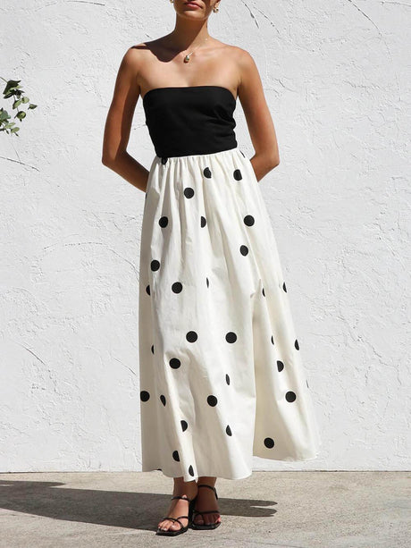 Aurohaya Elegant Wrap-Around Polka Dot Print Stitching A-Line Maxi Dress