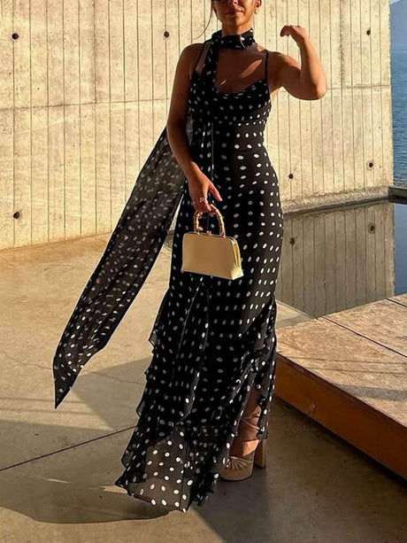 Aurohaya Delicate Polka Dot Print Halter Chiffon Ruffle Trim Maxi Dress Black