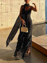 Delicate Polka Dot Print Halter Chiffon Ruffle Trim Maxi Dress