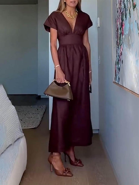 Aurohaya Classic Linen Blend Short Sleeve Fitted Waist Maxi Dress