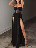 Aurohaya Sexy Tube Top Waist Slit Maxi Dress Black