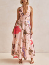 Retro Terez Linen Floral Print Halter Backless Tie-Up Maxi Dress