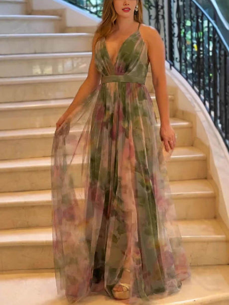 Aurohaya Elegant Casual Mesh Print Suspender Wide Swing Maxi Dress