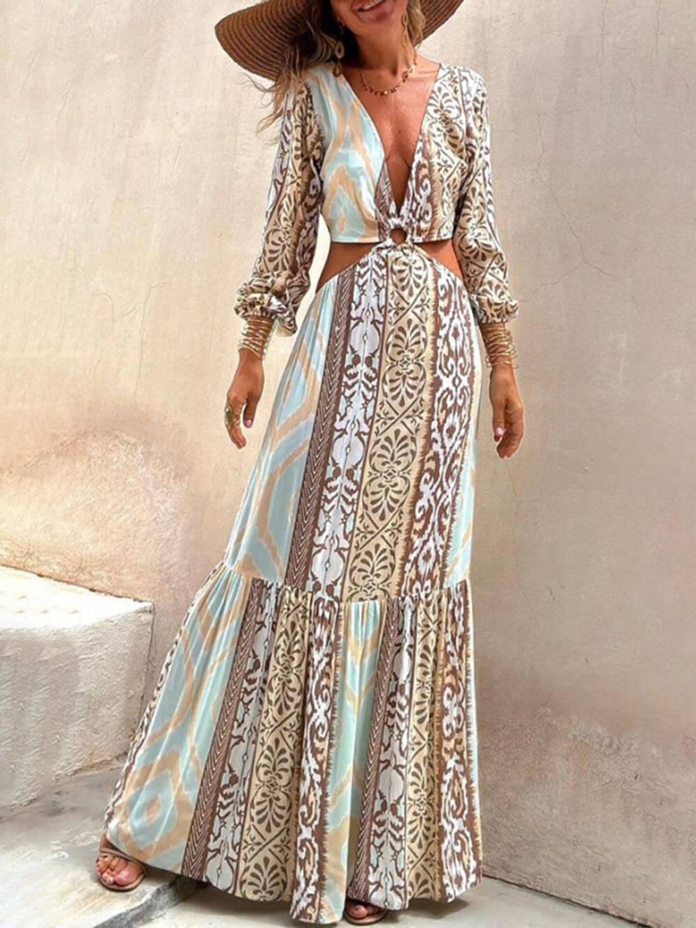 Aurohaya Unique Hollow Print V-Neck Waist-Baring Tie Dress Multicolor