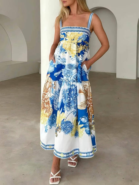 Aurohaya Fashionable European Style Holiday Style Fixed Print Suspender Dress Blue