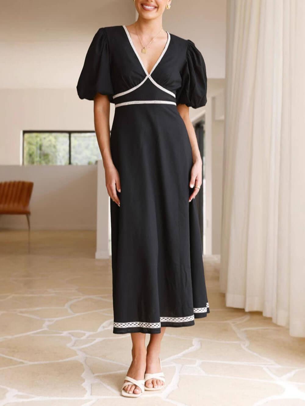 Aurohaya Elegant Patchwork Lace Puff Sleeve Waisted Maxi Dress