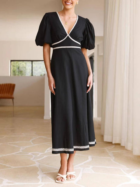 Aurohaya Elegant Patchwork Lace Puff Sleeve Waisted Maxi Dress