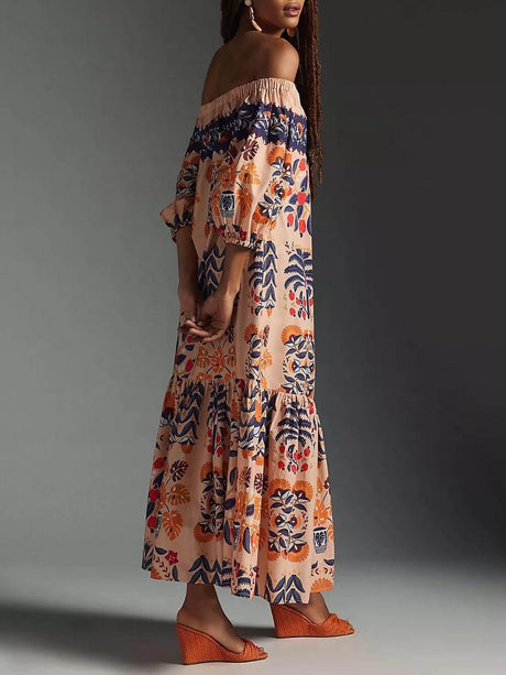 Aurohaya Retro Island Lover Printed Off The Shoulder Pocketed Flowy Midi Dress