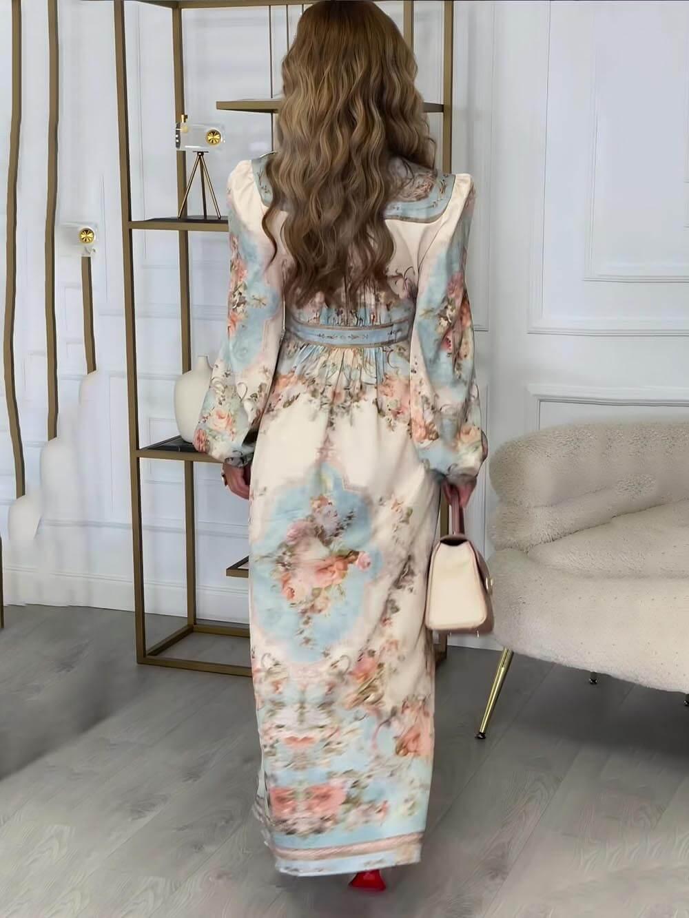 Aurohaya Elegant Floral Print Lantern Sleeve Buttoned A-Line Maxi Dress