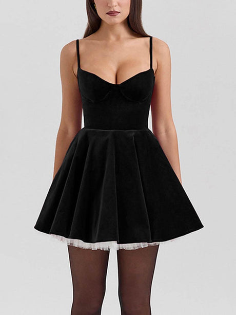 Aurohaya Elegance Year-end Dance Tulle Patchwork Sweetheart Neck Slip Mini Dress Black